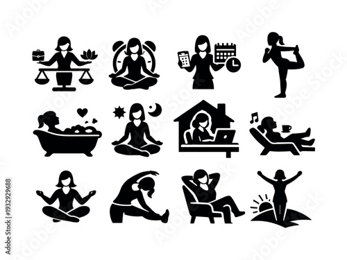 Solid vector icons of work life balance women: balance, clock, schedule, routine, wellness, selfcare, calm, harmony, flexibility,