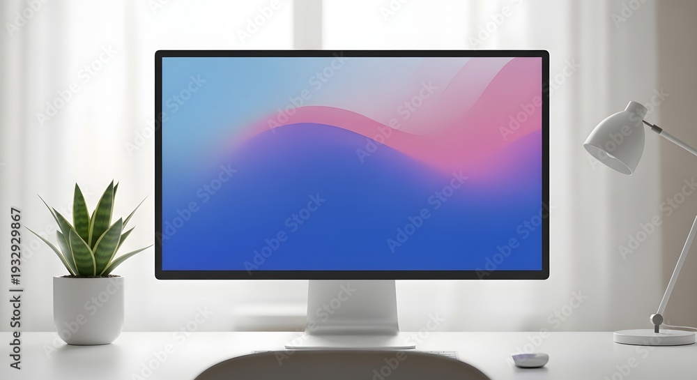 Fototapeta premium Computer monitor on white desk with plant and lamp