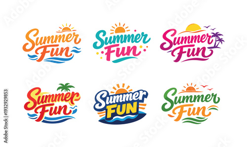 Seasonal holiday banner with promotional slogan presenting modern lettering logo set for Summer Fun, vacation-inspired lettering