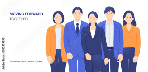 女性を中心に進むビジネスチーム。共に前進するビジネスパーソン5人組のベクターイラスト素材。