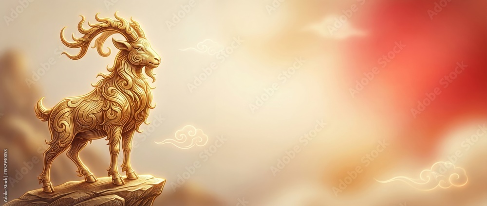 Fototapeta premium Golden goat statue on mountain cliff with clouds. Traditional Chinese zodiac art for year 2027