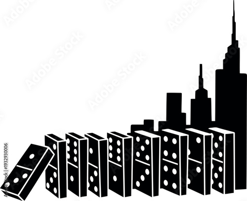 Domino Effect Concept with Falling Tiles and City Skyline Silhouette in Black and White Vector Illustration