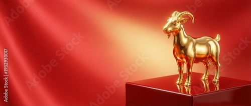 Wallpaper Mural 3D golden goat statue on red podium. Chinese New Year 2027 luxury background Torontodigital.ca