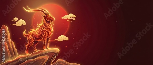 Fiery goat standing on a mountain peak against a red sun. Mythical Chinese zodiac illustration. Copy space