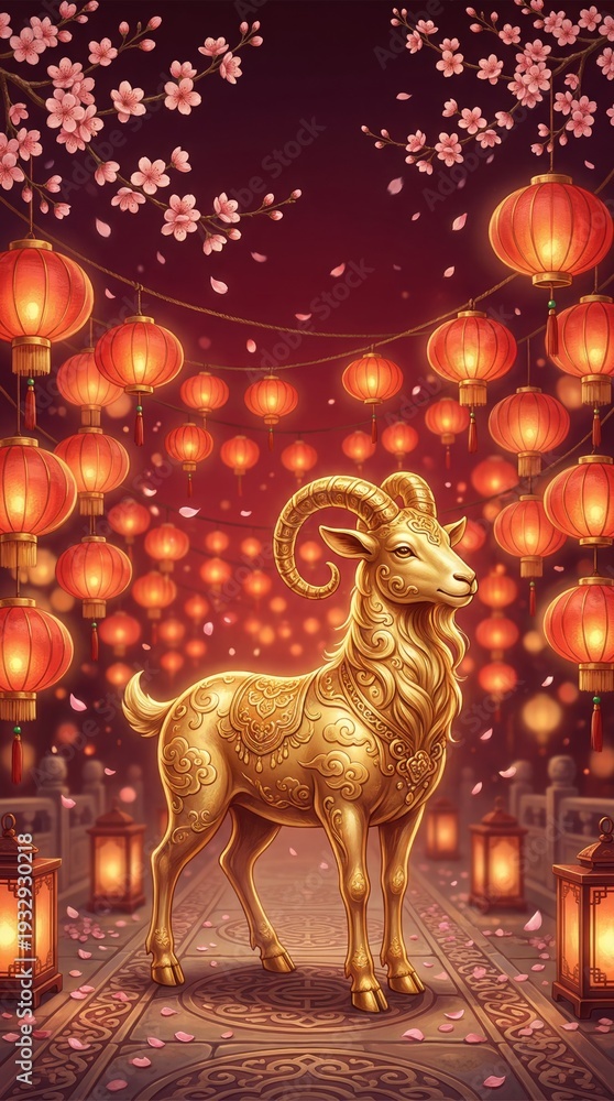 custom made wallpaper toronto digitalVertical 3D illustration of a golden goat under red lanterns. Chinese New Year 2027 festival background with cherry blossoms