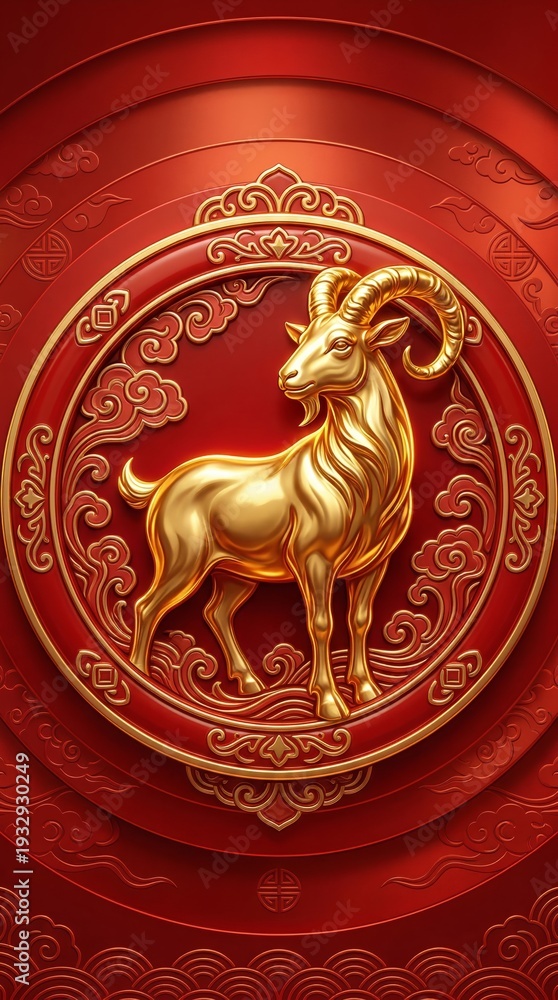 custom made wallpaper toronto digitalVertical golden goat relief emblem on red background. Chinese New Year 2027 zodiac medallion with traditional cloud patterns