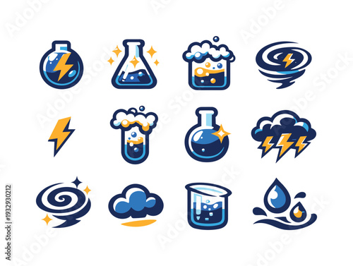 Two-Color vector icons of storm–alchemy motifs expanding the beaker imagery: storm bead, beaker shine, bubble crest, swirling