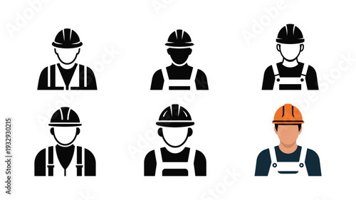 Set of construction worker avatars with hard hat and safety vest flat vector icons