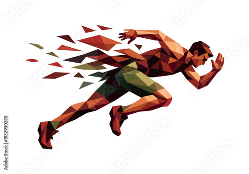 Dynamic abstract runner exploding into geometric shapes, symbolizing speed and motion