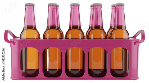 Six brown bottles in a pink carrier isolated on a transparent background