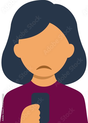 Unhappy woman holding cell phone with a frown expression