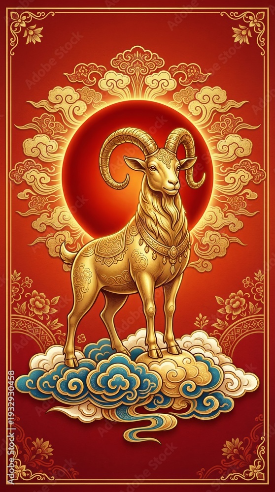 custom made wallpaper toronto digitalGolden goat on traditional Chinese clouds for 2027 Lunar New Year. Vertical illustration of an ornate zodiac ram with red sun and gold border. Prosperity and luck concept