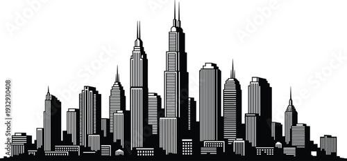 Black City Skyline Silhouette of Modern Urban Architecture With Skyscraper Buildings Isolated on White Background for Professional Corporate Design Projects