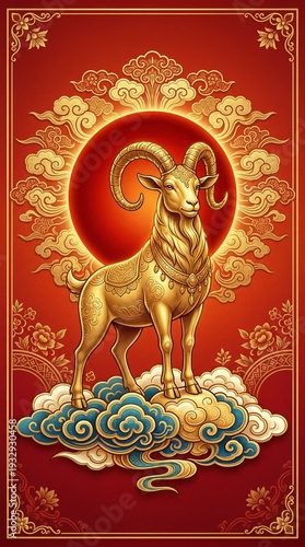 Wallpaper Mural Golden goat on traditional Chinese clouds for 2027 Lunar New Year. Vertical illustration of an ornate zodiac ram with red sun and gold border. Prosperity and luck concept Torontodigital.ca