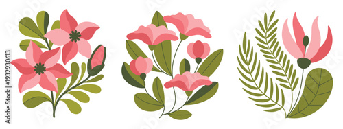 Set of groovy organic floral shapes, minimalist pink bloom flower motifs in modern and trendy design, scalable vector bundle for web graphics