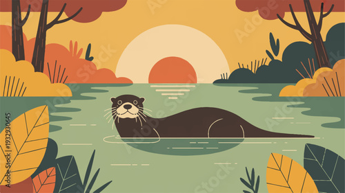 A stylized illustration of an otter in a serene nature scene at sunset. The otter is rendered in dark brown silhouette, positioned in the center of a light green river (2)_traced