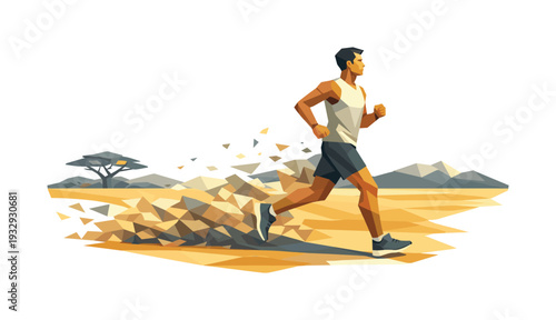 Low-poly vector illustration of a savanna dust run future state, runner continuing smoothly across the open plain with upright