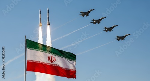 Iran's national flag, two powerful rockets launching, and four fighter jets flying in formation showcase military strength against a clear blue sky.