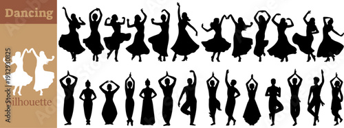 Vector Collection of Female Dancing Silhouettes; Black Figures in Graceful Poses, Contemporary Dance, Traditional Folk Styles, and Yoga Positions for Performing Arts Posters, Studio Branding
