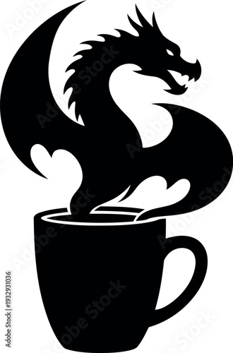 Black dragon silhouette rising from coffee cup vector illustration for fantasy cafe branding and merchandise