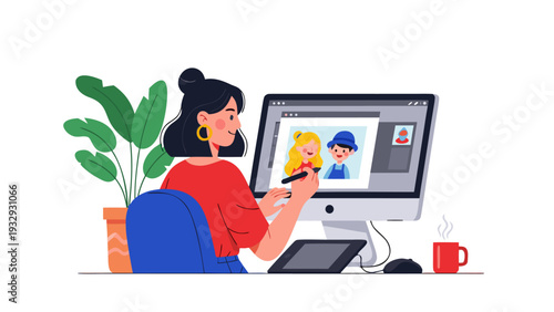 Vector Illustration of Cartoon Woman Using Stylus for Graphic Design at Desk with Plant in Clean Environment