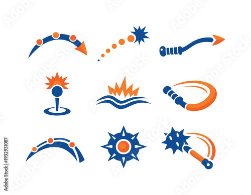 Two-Color vector icons of exploratory strike paths: route-marked head arc, mapped spike dots, guiding handle line, directional