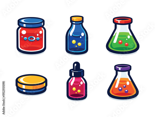 Two-Color vector icons of glass containers: jar outline, bottle arc, flask rim, lid circle, smooth contour, tiny gleam, bubble