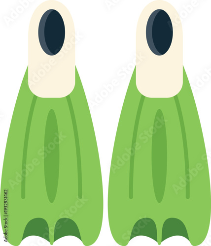 Pair of green flippers for swimming, snorkeling, and water recreation on a white background