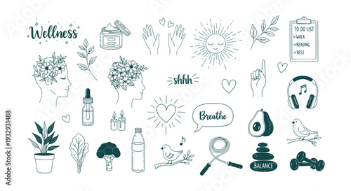 Hand Drawn Wellness Self-Care Vector Icons Set for Holistic Mental Physical Health