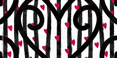 Bold typography spells romance with scattered red hearts on a striped background