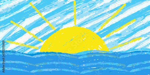 A bright yellow sun rises over a textured blue ocean horizon