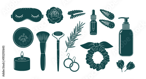 Natural Beauty Skincare Self-Care Wellness Vector Essentials Collection for Pampering Routine