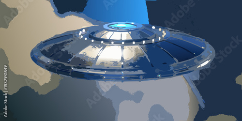 A metallic disc shaped unidentified flying object hovers in the sky