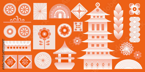 A collection of stylized monochromatic asian inspired architectural and floral motifs
