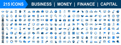 Set of 215 business icons in blue color style. Huge collection of business, finance, money, investment capital