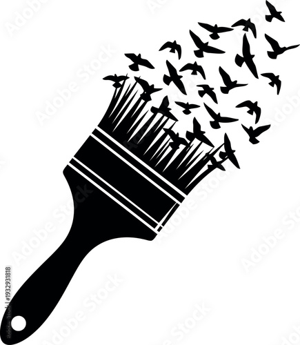 Creative paintbrush silhouette transforming into flying birds vector illustration for artistic design concepts