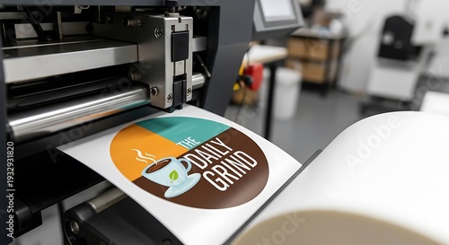 Close up of a printing machine creating sticker with colorful graphic design