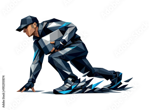 Geometric runner in starting position, low poly style, dynamic motion, abstract art