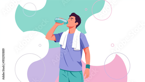 Simplified Vector Illustration of Cartoon Man in Purple T-Shirt and Teal Towel Drinking from Water Bottle with Abstract Background