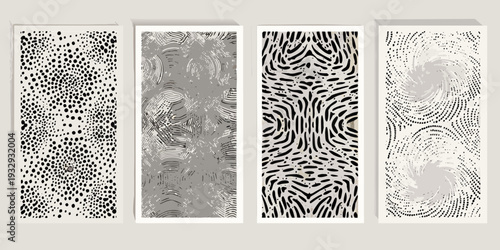 Four abstract panels featuring unique black and white patterned designs