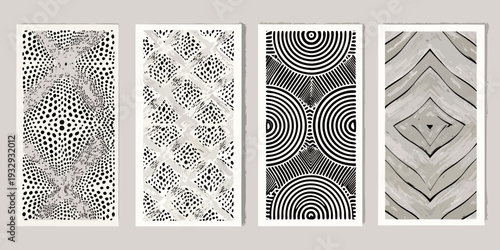 Four abstract geometric art prints with varying black and white patterns
