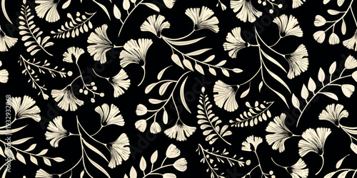 Elegant botanical pattern with ginkgo leaves and delicate floral branches