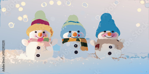Three cheerful snowmen stand together in a winter scene