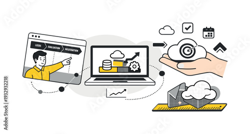 Modern minimal flat vector conceptual collage, crisp hard edges, consistent THIN outline stroke, rounded corners where needed,