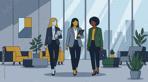 Professional businesswomen walking in modern office with city views