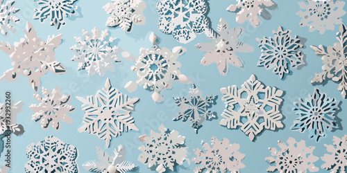 An assortment of detailed paper snowflakes against a pale blue background