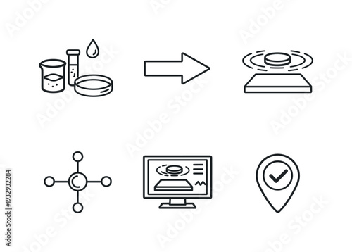 Line style icons of experimental workflow: preparation tile, placement arrow, levitation check ring, calibration node,