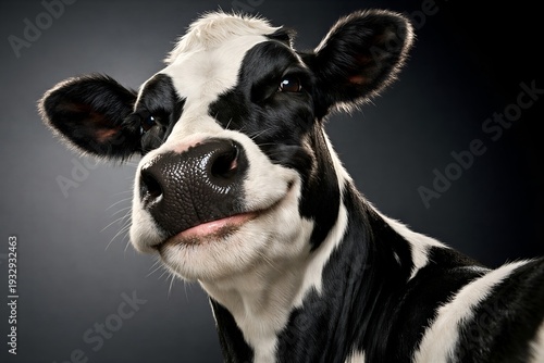 Funny proud close-up cow portrait with exaggerated nose and playful smile on dark background