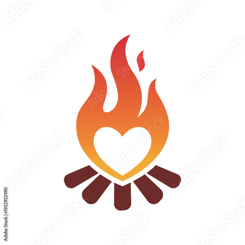 Heart shaped flame burning on a pile of wood sticks