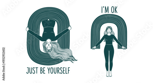 Empowered Woman Embracing Self-Acceptance Mental Health Just Be Yourself I'm OK Vector Illustration